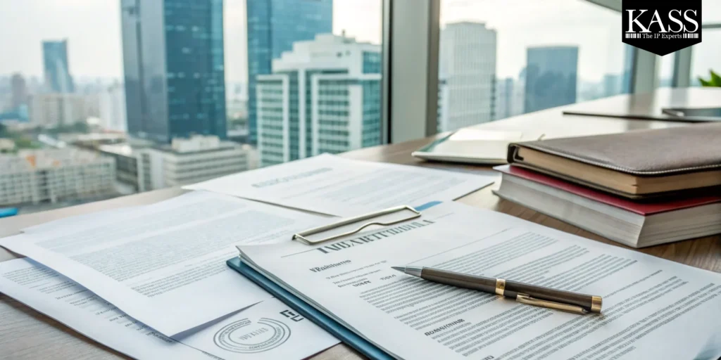 Paperwork and pen on a desk in a professional work setting